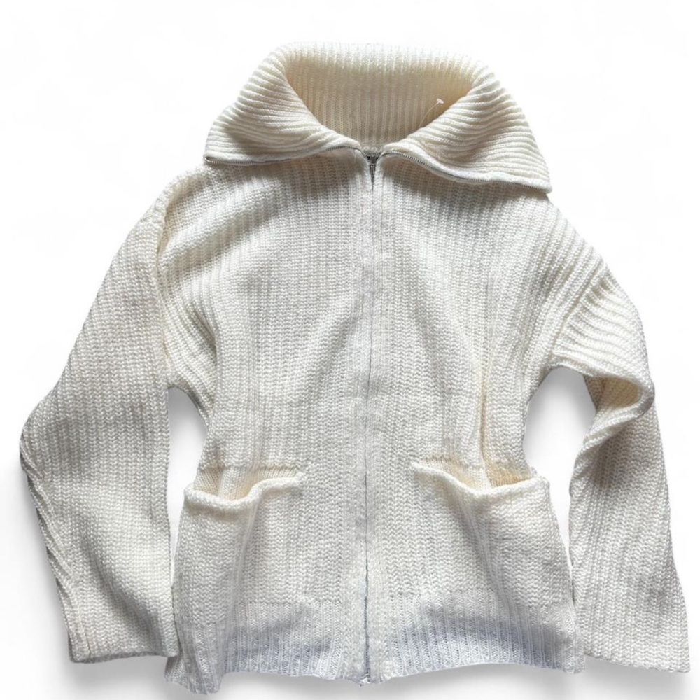 Cream knit zip-up sweater with pockets size medium #oversized